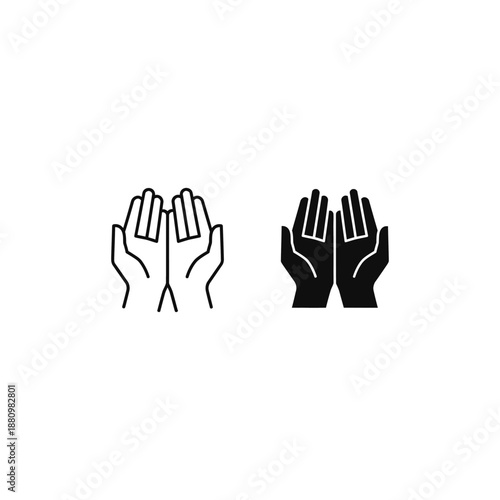 Hands holding rectangular object from different sides in line and solid styles