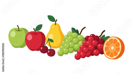 Colorful fruit composition featuring apples, pears, grapes, cherries, and orange