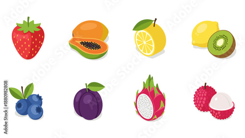 Colorful tropical and citrus fruits collection on white background