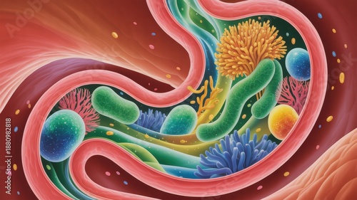 Vibrant microscopic world of gut bacteria and digestive system in colorful illustration