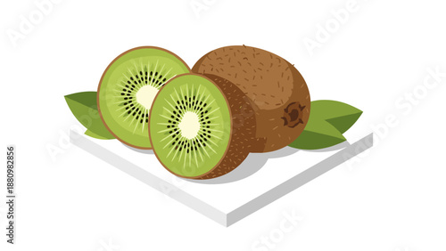 Fresh kiwi with leaves isometric art on white background