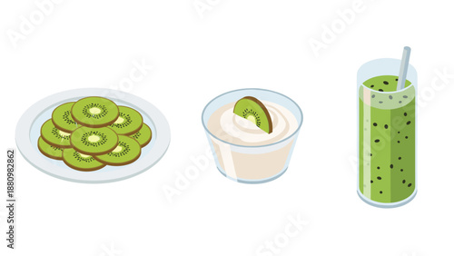 Healthy kiwi choices: fresh slices, delightful dessert, nutrient-rich smoothie
