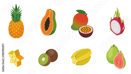 Colorful tropical fruits collection with diverse exotic varieties in flat style