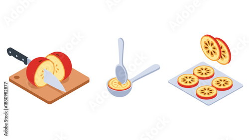 Isometric apple slicing and preparation with knife and spoons
