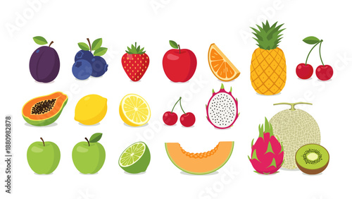 Colorful collection of fresh fruits in flat style: pineapple, apple, berries, and more