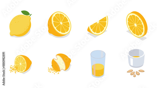 Isometric lemon set: whole, slices, juice glass, and seeds on white background