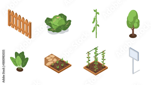 Isometric garden elements: fences, plants, and trees for landscape design