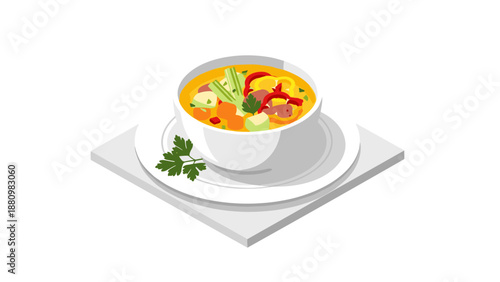 Delicious vegetable soup in a white bowl on plate with herbs