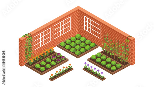 Isometric garden with brick walls and vegetable beds