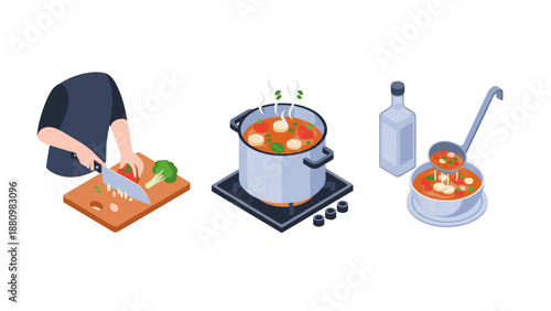 Cooking process isometric design with chopping, boiling, and serving elements