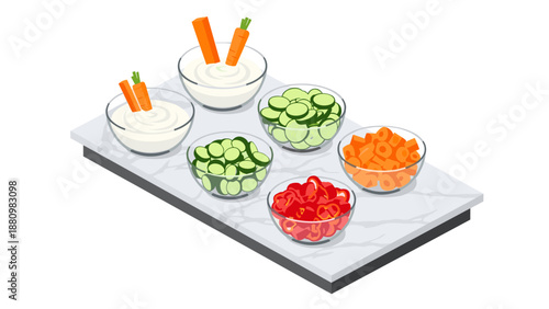 Isometric salad bar with fresh vegetables and dips on marble counter