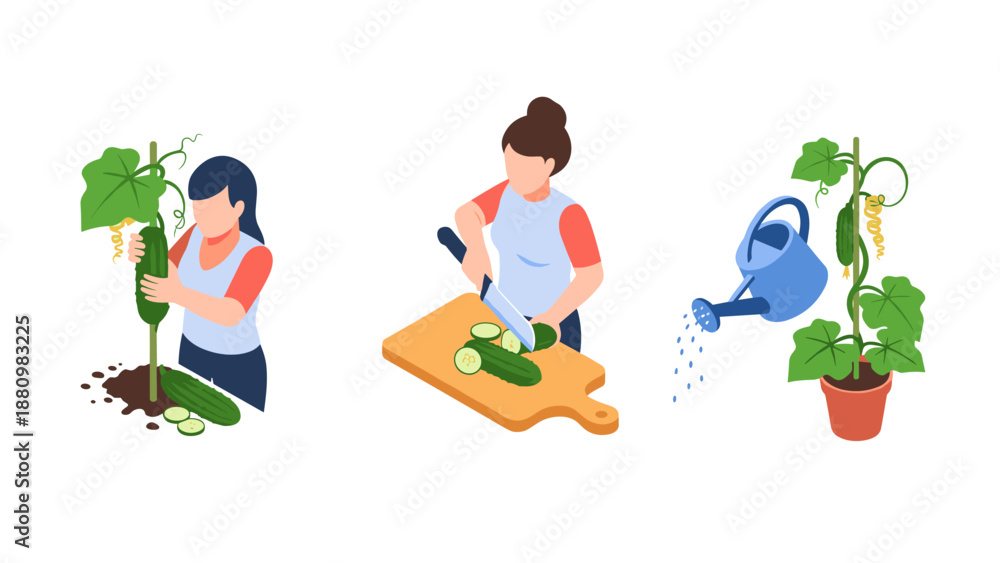 Fototapeta premium Cucumber gardening and preparation: planting, slicing, watering in isometric design