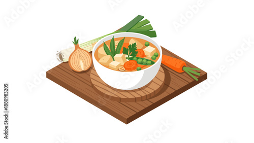 Delicious bowl of soup on wooden board with fresh vegetables in isometric style