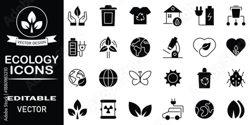 Ecology, flat energy icon set symbol collection. Set of 24 icons related to nature, environment, sustainability, electric bike, eco-friendly, forest, eco-friendly and more. Editable stroke.