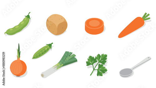 Fresh ingredients for cooking: peas, potatoes, carrots, onions, herbs, and measuring spoon
