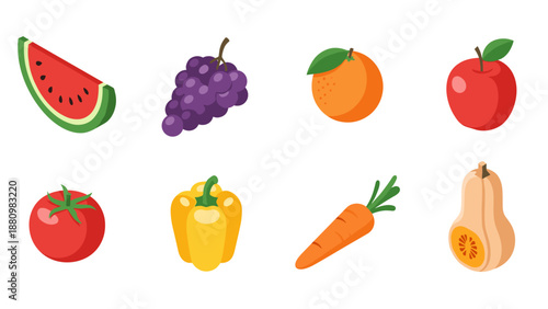 Colorful flat icons of fruits and vegetables for healthy eating inspiration