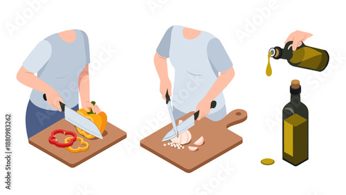 Cooking preparation scene with chopping and olive oil pouring in isometric style