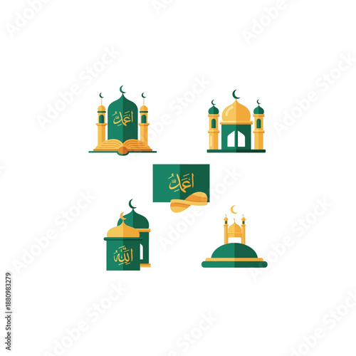 Islamic architecture icons with mosques and holy book  Muslim culture symbols