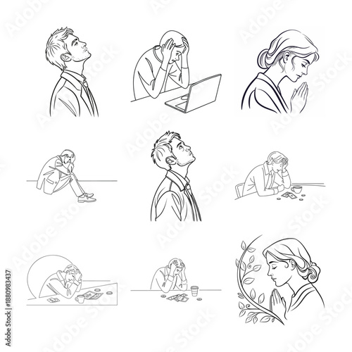 Lines of Anguish: Depicting a variety of figures, each etched in stark lines, grappling with unseen pressures, illustrating states of concern and contemplation.