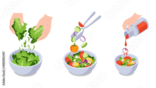Fresh salad preparation steps with ingredients in modern flat design