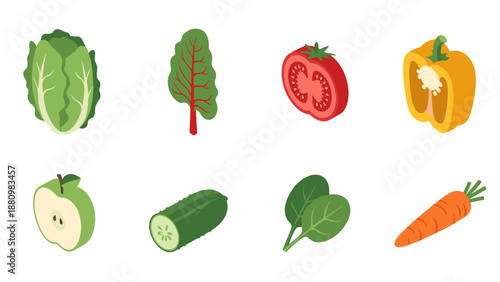 Isometric vegetables set: fresh produce collection with cabbage, tomato, and more
