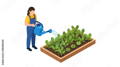 Isometric garden scene: person watering vegetables in urban farm setting