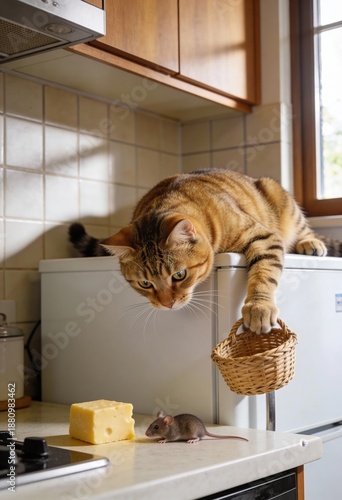 Domestic Cat on Refrigerator Watching Mouse