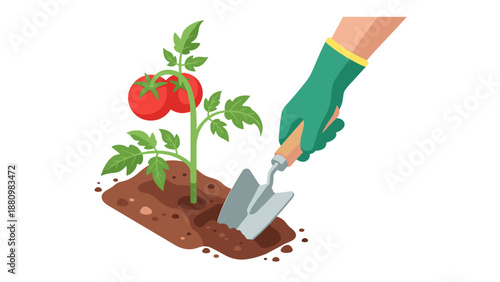 Gardening scene with tomato plant and hand tools in flat design