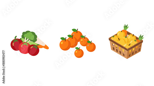Colorful isometric fruit and vegetable arrangement with apples, oranges, and more