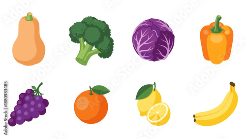 Colorful flat style fruits and vegetables collection on white background