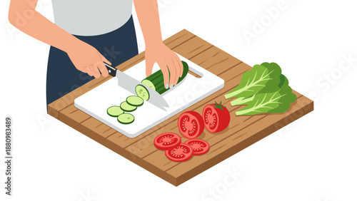 Isometric cooking scene with fresh vegetables: slicing cucumbers and tomatoes on cutting board