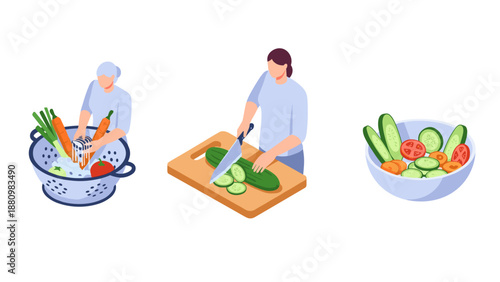 Isometric kitchen scenes with people preparing fresh vegetables