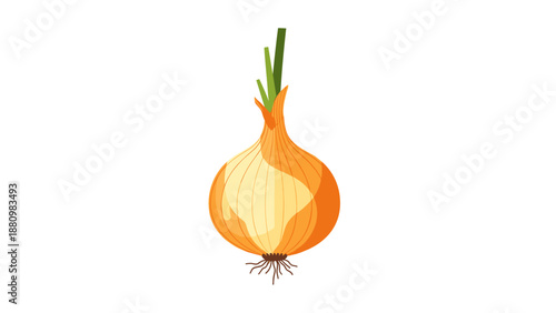 Realistic yellow onion with green stem on white background