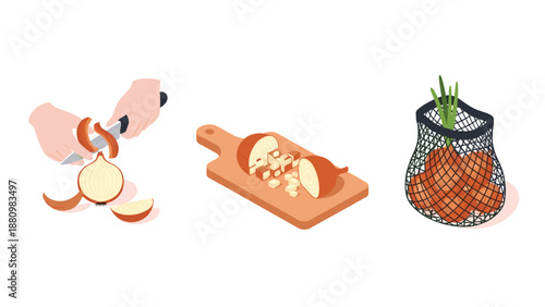 Chopping onions: step-by-step guide with fresh produce in a bag