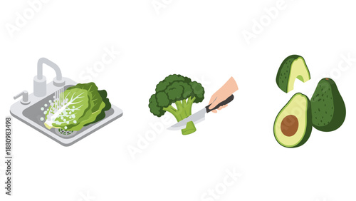 Healthy cooking preparation: washing, chopping, and slicing fresh vegetables in isometric style