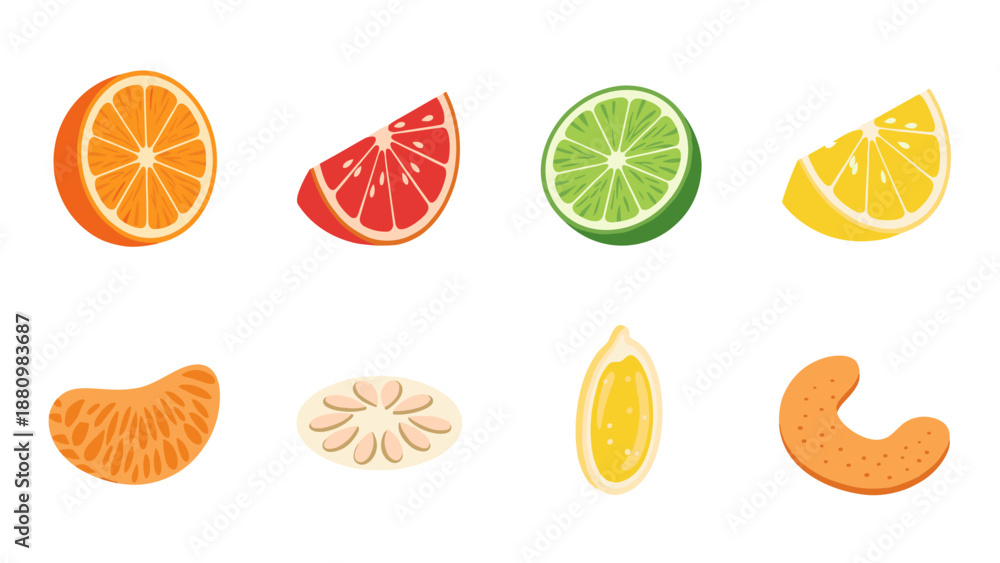 Obraz premium Flat citrus fruit slices and seeds set on white background