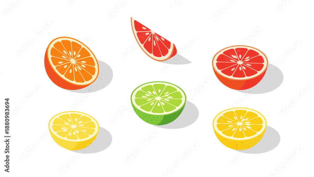 Obraz premium Colorful citrus fruit slices in isometric style on white background