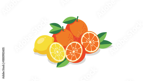 Colorful citrus fruits in flat style with fresh leaves on white background