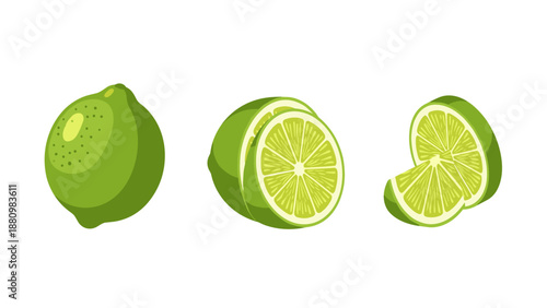 Sliced lime set: vibrant citrus fruit halves and wedges