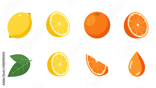 Fresh citrus set with lemons and oranges in colorful flat design on white background