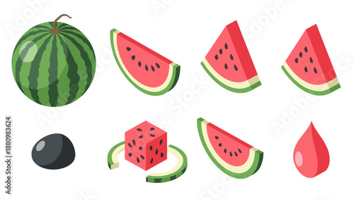 Watermelon elements collection in flat design: whole, sliced, seed, and water droplet