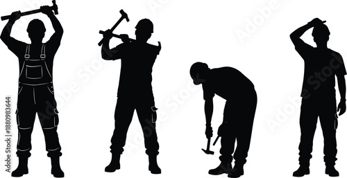 Silhouette set of construction workers with hammers, men wearing helmets working hard, industrial labor concept, black vector illustration isolated on white background.