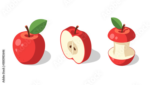 Vibrant isometric red apple stages with leaf on white background