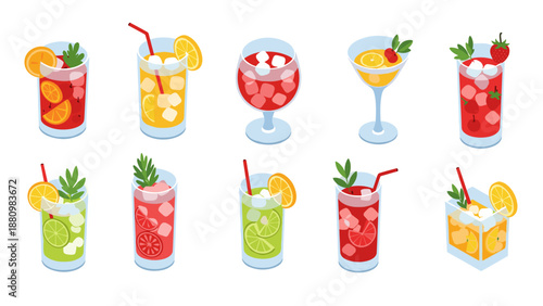 Refreshing summer cocktails collection in vibrant isometric design