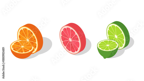 Colorful isometric citrus arrangement with orange, grapefruit, and lime slices