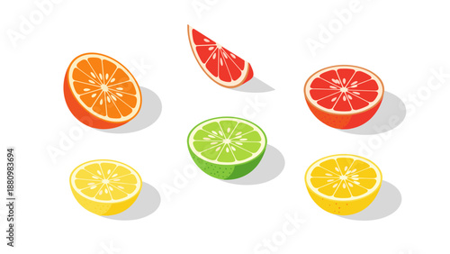 Colorful citrus fruit slices in isometric style on white background