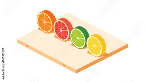 Isometric citrus fruit slices on cutting board: orange, grapefruit, lime, lemon in modern style