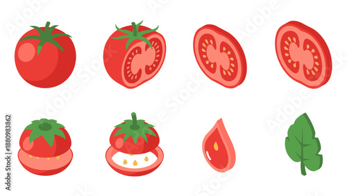 Isometric tomato set: whole, sliced, and leaf variations on white background
