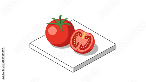 Fresh whole and sliced tomato on minimalistic geometric background