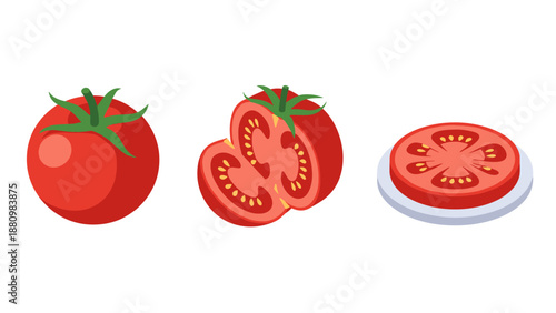 Fresh tomato whole, halved, and sliced with green leaves and seeds in a clean arrangement